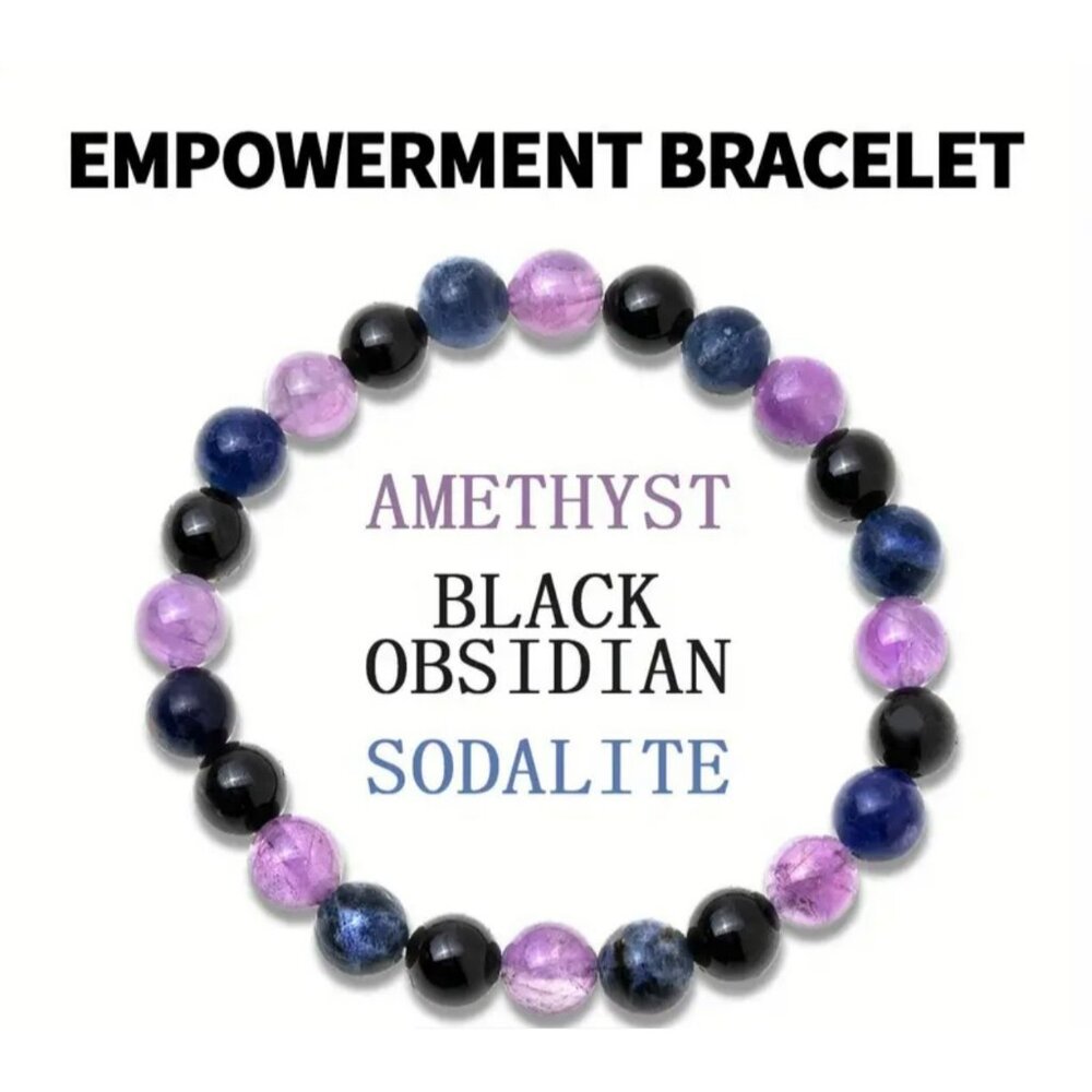 Amethyst, Black Obsidian & Sodalite Gemstone Bracelet – 8mm Round Beads‎